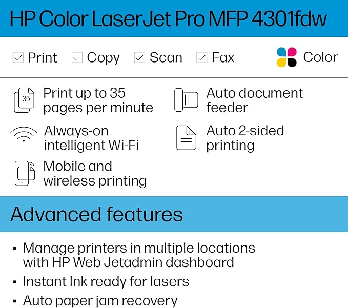 HP Color LaserJet Pro MFP 4301fdw Wireless Printer, Print, scan, copy, fax, Fast speeds, Easy setup, Mobile printing, Advanced security, Best-for-small-teams, Instant Ink eligible (Used like new)