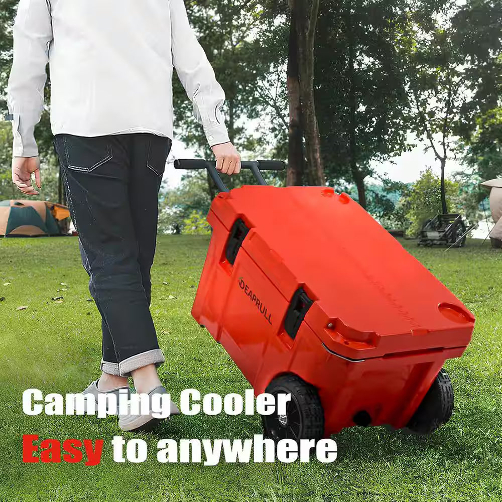 27.5 in. 55 qt. Cooler with Wheels, Warming Drawer, Leak-Proof Outdoor Insulated Cooler with Handle, Cup Holders, Red