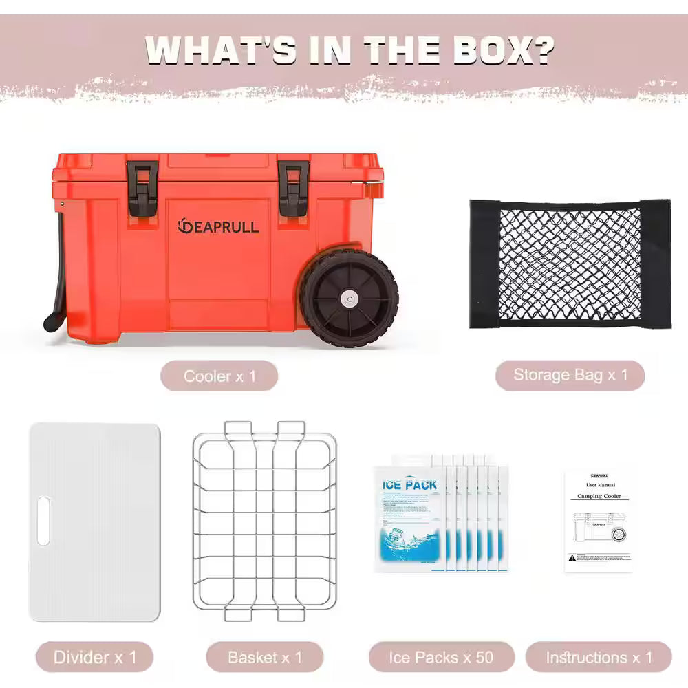 27.5 in. 55 qt. Cooler with Wheels, Warming Drawer, Leak-Proof Outdoor Insulated Cooler with Handle, Cup Holders, Red