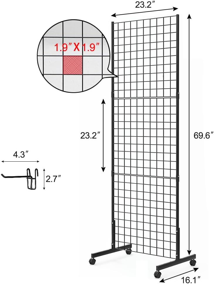 Sturdy Grid Wall Panels with T-Base Floorstanding on Wheels,Wire Gridwall Panel Display Rack Stand,2-Pack Black