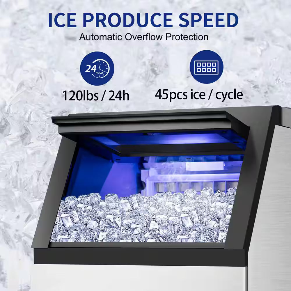 14.2in.Commercial Ice Maker 120 lb./24 H Stainless Steel Freestanding Ice Maker Machine with Full Cube Production