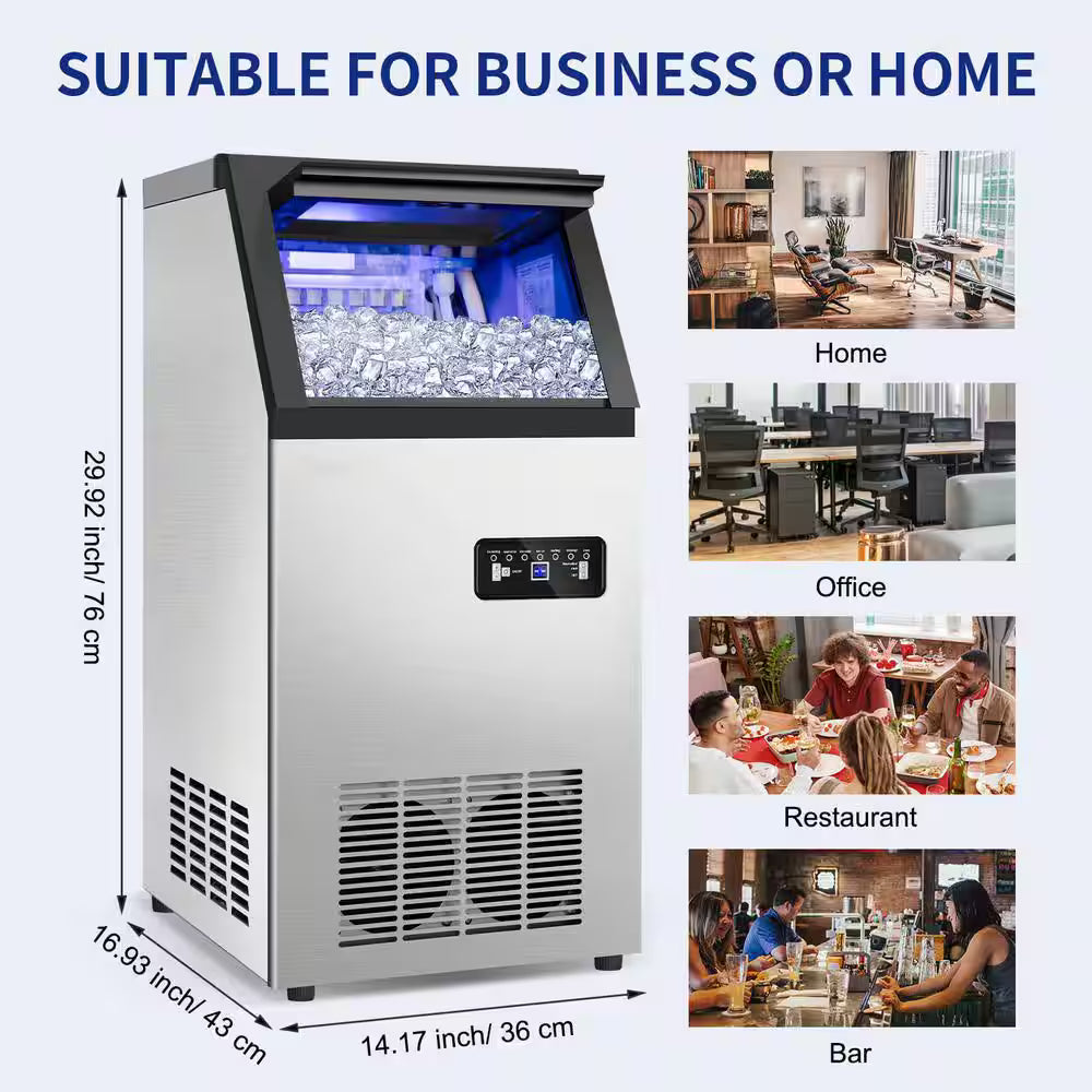 14.2in.Commercial Ice Maker 120 lb./24 H Stainless Steel Freestanding Ice Maker Machine with Full Cube Production