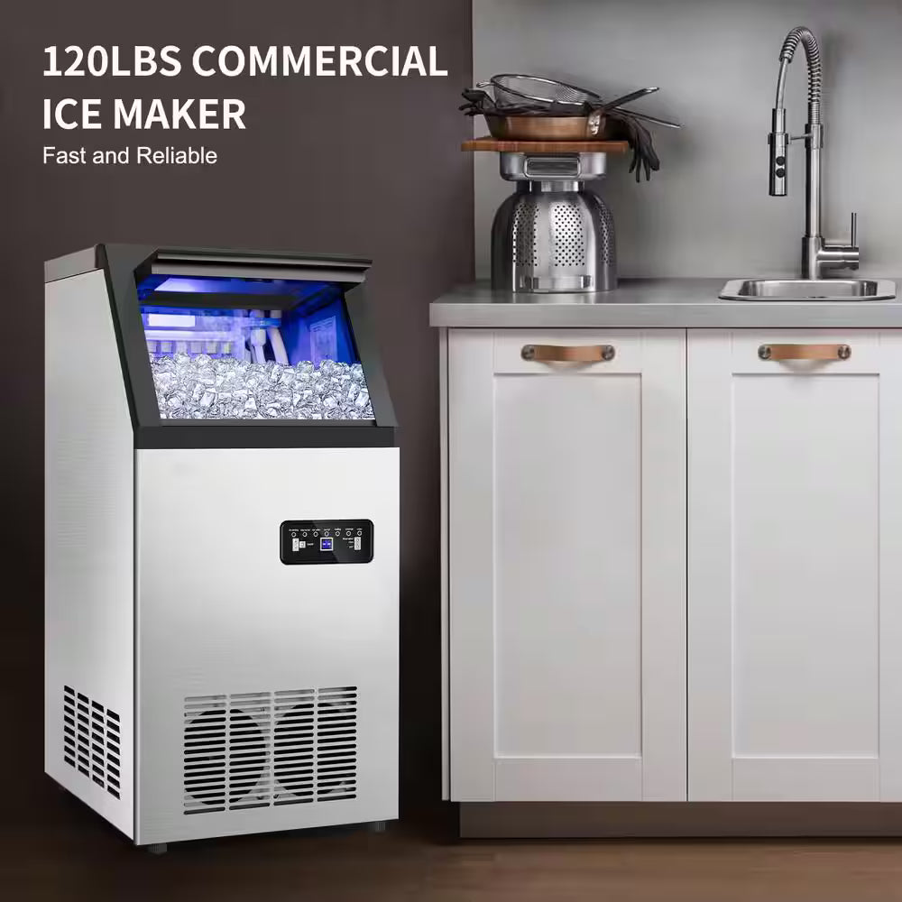 14.2in.Commercial Ice Maker 120 lb./24 H Stainless Steel Freestanding Ice Maker Machine with Full Cube Production
