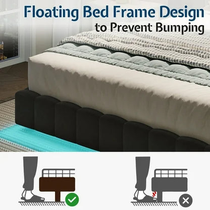 Merluxy Queen Bed Frame with Oversized Headboard,Floating Design,RGB LED Lights,No Box Spring Needed,Velvet Grey