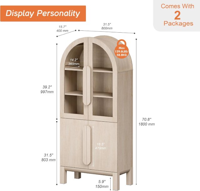 WAMPAT 71" ARCHED BOOKSHELF WITH GLASS DOORS