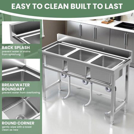 3-Compartment Stainless Steel Sink, 51"