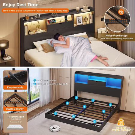 Queen Size Floating Bed Frame with LED Lights