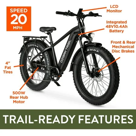 26 Ozark Trail M.3 Ranger+ Electric Fat Tire Bike, 48V, Class 2, Black, Fits Riders 5'2 - 6'1, Adult