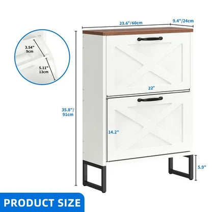 Shoe Cabinet with 2 Flip Drawers, Free Standing Shoe Racks Storage Cabinet with Metal Legs , Famhouse Shoe Rack Organizer Narrow Closet for Entryway Hallway,White