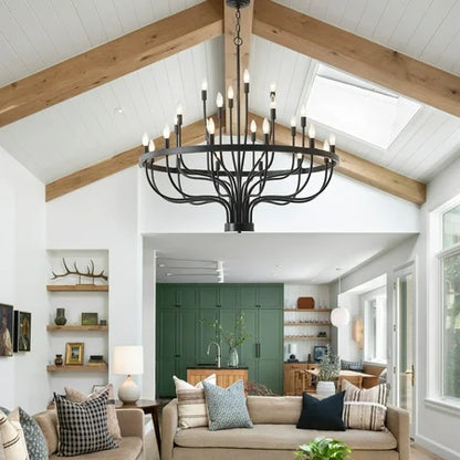 Black Chandelier 24 Light, Modern Farmhouse Chandelier for Dining Room, Round Industrial Candle Chandeliers Light, Wagon Wheel Chandelier 39.3 3-Tier for Hallway, Living Room, Foyer
