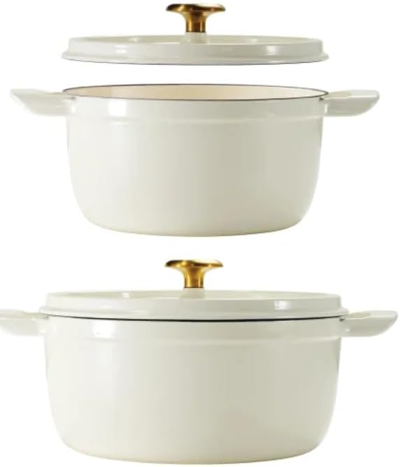 Trmontina 4-Quart and 6-Quart Enameled Cast Iron Round Dutch Ovens, 2-Pack (White)