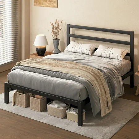 Queen Size Metal Platform Bed Frame with Headboard, Heavy Duty Metal Slat Mattress Foundation, Easy Assembly, No Box Spring Needed, Black