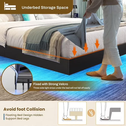 Queen Size Floating Bed Frame with LED Lights
