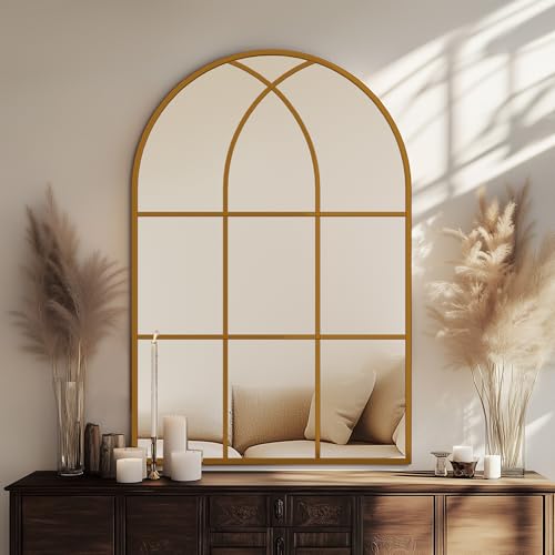 Antok Arched Wall Mirror, 24''x36'' Mirrors for Wall, Decorative Vanity Mirror for Bathroom Bedroom Dresser, Entryway, Living Room, Metal Frame Gold