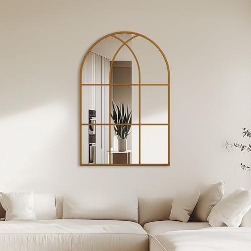 Antok Arched Wall Mirror, 24''x36'' Mirrors for Wall, Decorative Vanity Mirror for Bathroom Bedroom Dresser, Entryway, Living Room, Metal Frame Gold