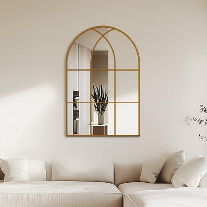 Antok Arched Wall Mirror, 24''x36'' Mirrors for Wall, Decorative Vanity Mirror for Bathroom Bedroom Dresser, Entryway, Living Room, Metal Frame Gold