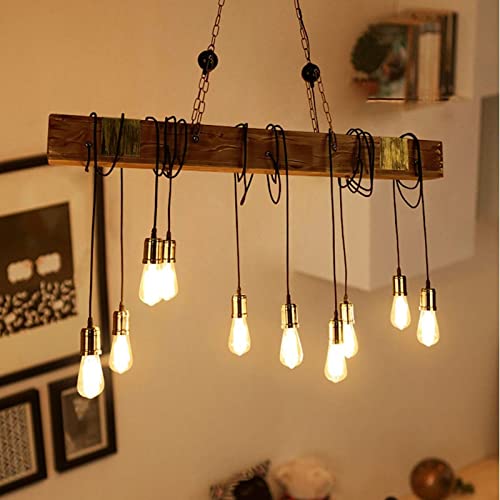 SAZDFY 10 Lights Wooden Pendant Lamp,Retro Farmhouse Hanging Lamp Distressed Rustic Lighting Fixture,Industrial Pendant Lights for Bar Kitchen Restaurant,Light Line Can Be Adjusted,118 * 116cm