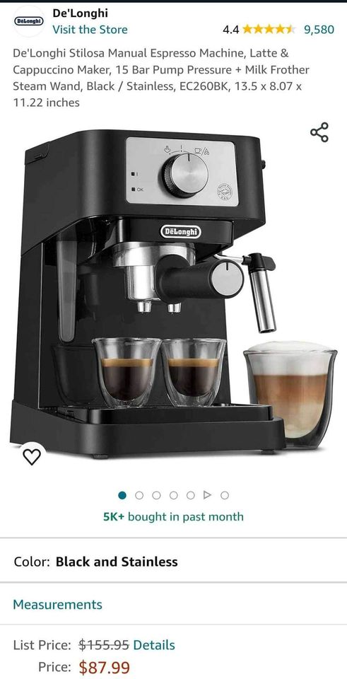 De'Longhi Stilosa Manual Espresso Machine, Latte & Cappuccino Maker, 15 Bar Pump Pressure + Milk Fro