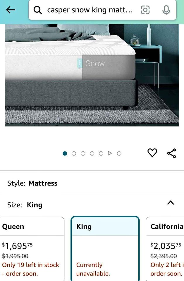 Casper Sleep Snow Mattress, King Medium Firm Memory