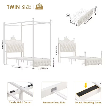 Hiphuta Twin Canopy Bed with Outlet & LED, White