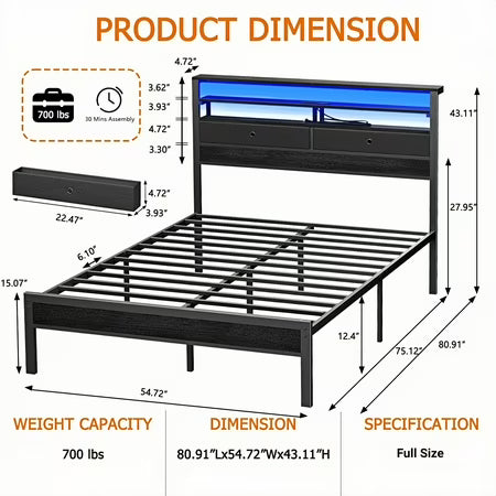 Dyzmo Full Size Bed Frame with Storage Headboard