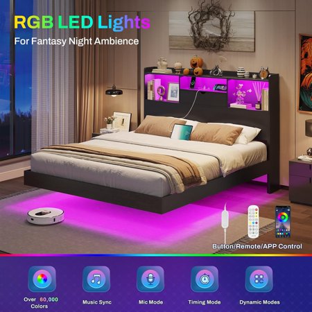 Queen Size Floating Bed Frame with LED Lights
