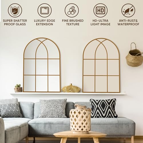 Antok Arched Wall Mirror, 24''x36'' Mirrors for Wall, Decorative Vanity Mirror for Bathroom Bedroom Dresser, Entryway, Living Room, Metal Frame Gold