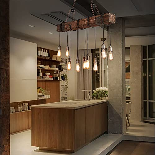 SAZDFY 10 Lights Wooden Pendant Lamp,Retro Farmhouse Hanging Lamp Distressed Rustic Lighting Fixture,Industrial Pendant Lights for Bar Kitchen Restaurant,Light Line Can Be Adjusted,118 * 116cm