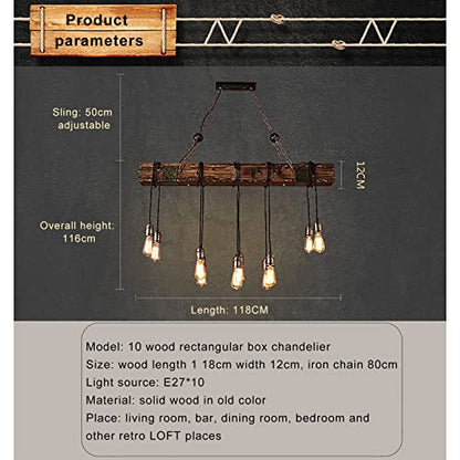 SAZDFY 10 Lights Wooden Pendant Lamp,Retro Farmhouse Hanging Lamp Distressed Rustic Lighting Fixture,Industrial Pendant Lights for Bar Kitchen Restaurant,Light Line Can Be Adjusted,118 * 116cm