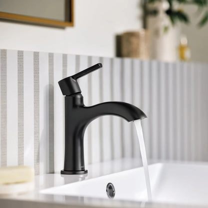Moen Idris One-Handle Bathroom Faucet – Modern Deck Mount with Push-Down Drain – Optional 3-Hole Deckplate – 1.2 GPM (Matte Black)
