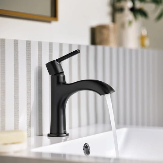 Moen Idris One-Handle Bathroom Faucet – Modern Deck Mount with Push-Down Drain – Optional 3-Hole Deckplate – 1.2 GPM (Matte Black)