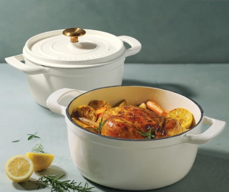Trmontina 4-Quart and 6-Quart Enameled Cast Iron Round Dutch Ovens, 2-Pack (White)