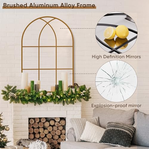 Antok Arched Wall Mirror, 24''x36'' Mirrors for Wall, Decorative Vanity Mirror for Bathroom Bedroom Dresser, Entryway, Living Room, Metal Frame Gold