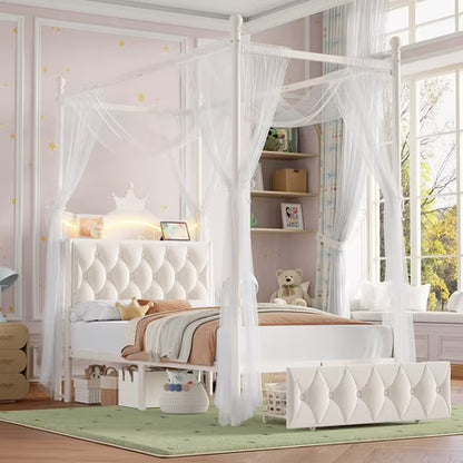 Hiphuta Twin Canopy Bed with Outlet & LED, White