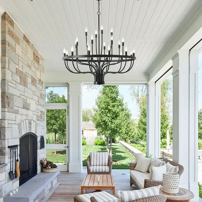 Black Chandelier 24 Light, Modern Farmhouse Chandelier for Dining Room, Round Industrial Candle Chandeliers Light, Wagon Wheel Chandelier 39.3 3-Tier for Hallway, Living Room, Foyer