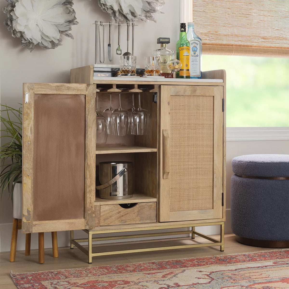 Linon Janie Rattan Sliding 2-Door Console BAR CABINET