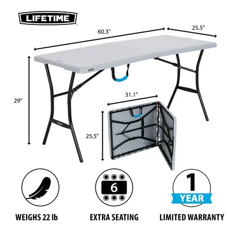 Lifetime 5 Foot Rectangle Fold-in-Half Table, Indoor/Outdoor Essential, Gray, 60.3 x 25.5 (80861)