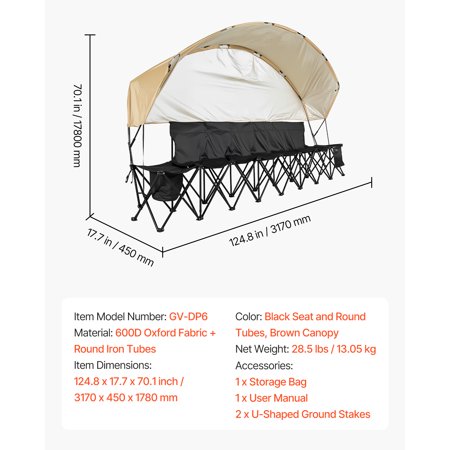 VEVOR Portable Folding Bench, 6 Seat Black