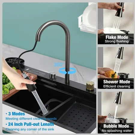 Waterfall Kitchen Sink, Single Bowl with Faucet