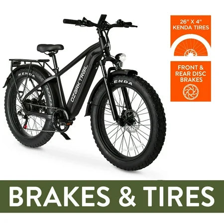 26 Ozark Trail M.3 Ranger+ Electric Fat Tire Bike, 48V, Class 2, Black, Fits Riders 5'2 - 6'1, Adult