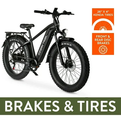 26 Ozark Trail M.3 Ranger+ Electric Fat Tire Bike, 48V, Class 2, Black, Fits Riders 5'2 - 6'1, Adult