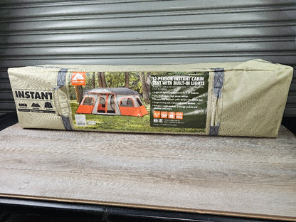 NEW IN BOX Ozark Trail 12 Person Instant Cabin Tent with Integrated LED Lights, 3 Rooms, 47.87 lbs