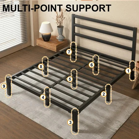 Queen Size Metal Platform Bed Frame with Headboard, Heavy Duty Metal Slat Mattress Foundation, Easy Assembly, No Box Spring Needed, Black