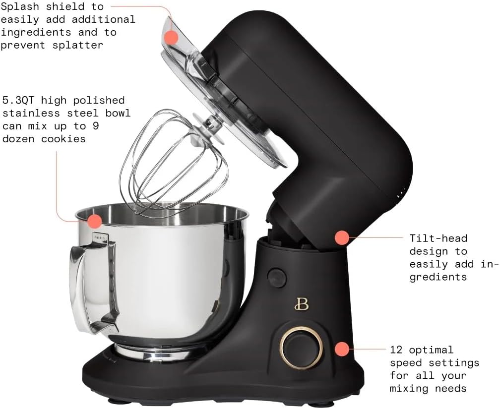 Beautiful 5.3 QT Stand Mixer w/Tilt-Head Design, Stainless Bowl, 300-Watt Power, 12-Speed Control, Includes Beater, Dough Hook, Whisk, Splash Shield (Black Sesame)