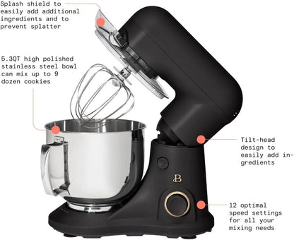Beautiful 5.3 QT Stand Mixer w/Tilt-Head Design, Stainless Bowl, 300-Watt Power, 12-Speed Control, Includes Beater, Dough Hook, Whisk, Splash Shield (Black Sesame)