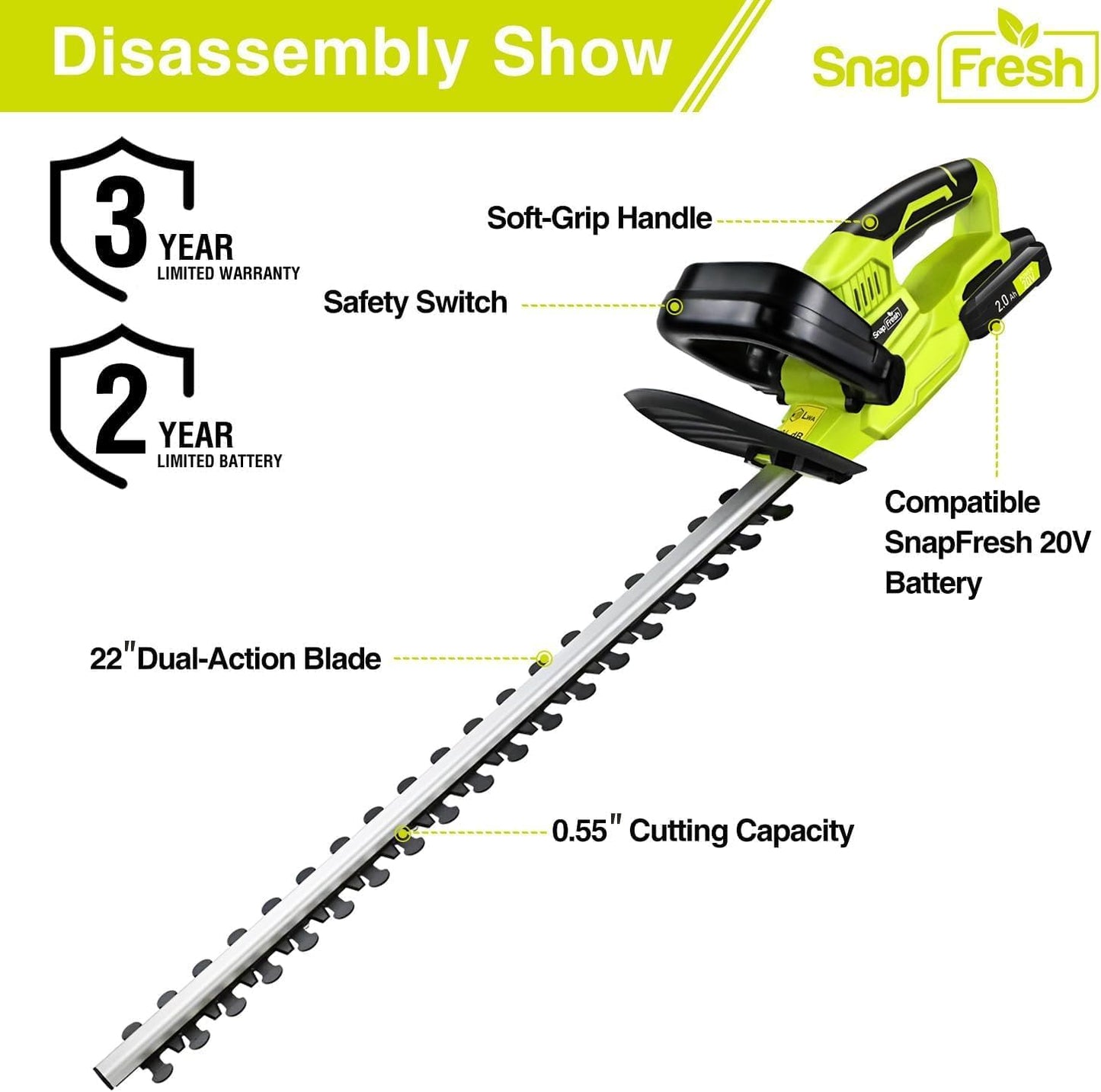 SnapFresh 20V Cordless Hedge Trimmer - 22 Dual-Action Blade,Electric Bush Trimmer,2.0Ah Battery & Fast Charger Included