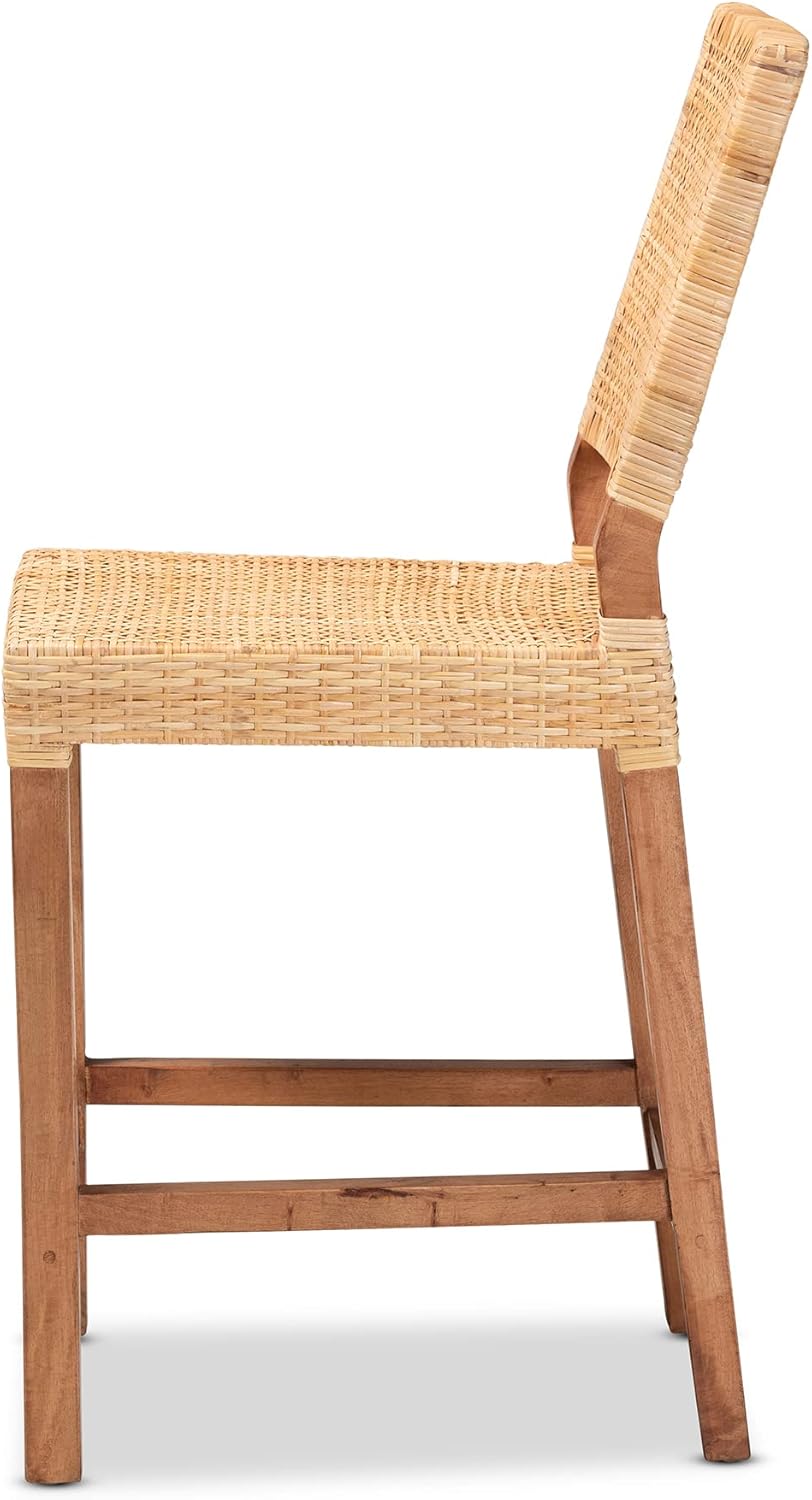 Baxton Studio Lesia Modern Bohemian Natural Brown Rattan and Walnut Brown Finished Wood Counter Stool