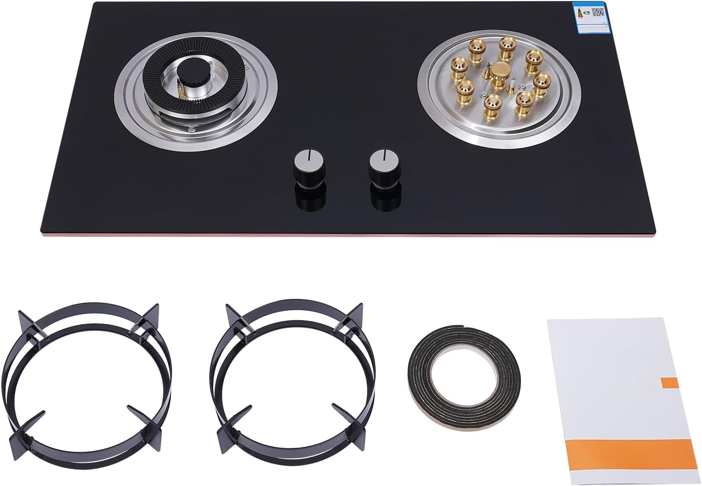2 Burner Gas Cooktop, Kitchen Stove Top LPG/NG Dual Fuel Built-in Tempered Glass for Apartment RV Outdoor