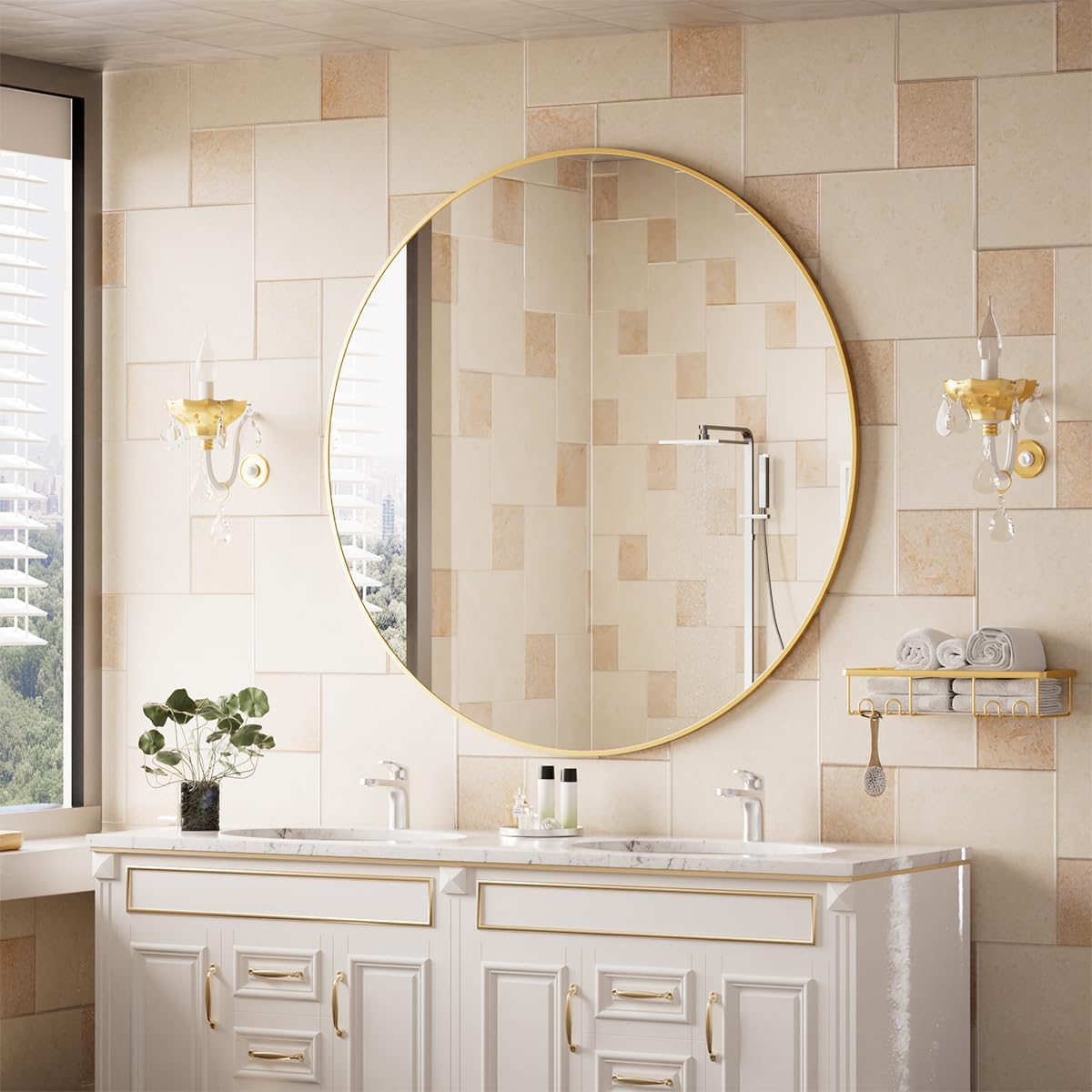Beautypeak 42-Inch Round Mirror, Gold