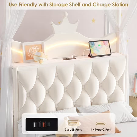 Hiphuta Twin Canopy Bed with Outlet & LED, White